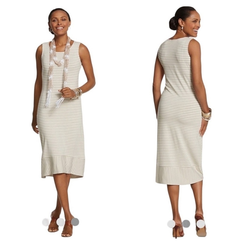 Chico’s Striped Slub Lana Jersey‎ Midi Dress Tan White Sleeveless Knit L 2